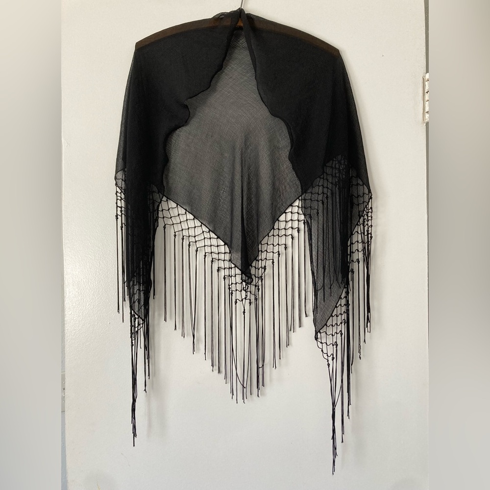 Black Fringe Sheer Shawl Scarf - Picture 4 of 4